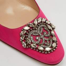 Pre Owned Manolo Blahnik Pink Satin Okkato Crystal Embellished Block Heel Pumps Size 38