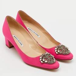 Pre Owned Manolo Blahnik Pink Satin Okkato Crystal Embellished Block Heel Pumps Size 38