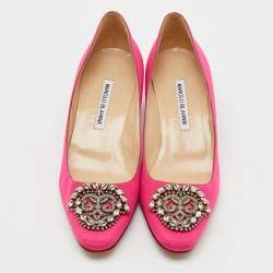 Pre Owned Manolo Blahnik Pink Satin Okkato Crystal Embellished Block Heel Pumps Size 38