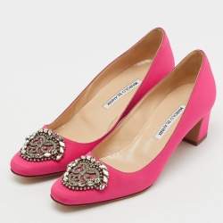 Pre Owned Manolo Blahnik Pink Satin Okkato Crystal Embellished Block Heel Pumps Size 38