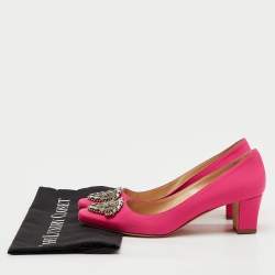 Pre Owned Manolo Blahnik Pink Satin Okkato Crystal Embellished Block Heel Pumps Size 38