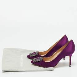 Pre Owned Manolo Blahnik Purple Satin Hangisi Crystal Embellished Pumps Size 37