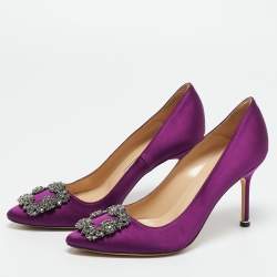 Pre Owned Manolo Blahnik Purple Satin Hangisi Crystal Embellished Pumps Size 37