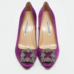 Pre Owned Manolo Blahnik Purple Satin Hangisi Crystal Embellished Pumps Size 37