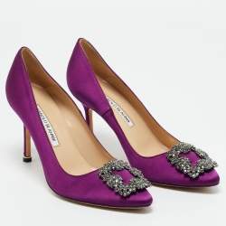 Pre Owned Manolo Blahnik Purple Satin Hangisi Crystal Embellished Pumps Size 37