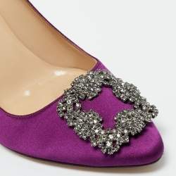 Pre Owned Manolo Blahnik Purple Satin Hangisi Crystal Embellished Pumps Size 37