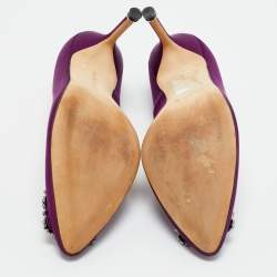 Pre Owned Manolo Blahnik Purple Satin Hangisi Crystal Embellished Pumps Size 37