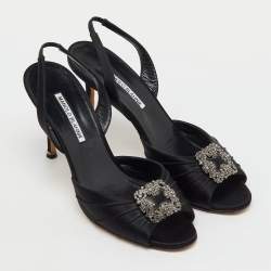 Pre Owned Manolo Blahnik Black Satin Cassia Peep Toe Slingback Sandals Size 40.5