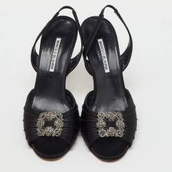 Pre Owned Manolo Blahnik Black Satin Cassia Peep Toe Slingback Sandals Size 40.5