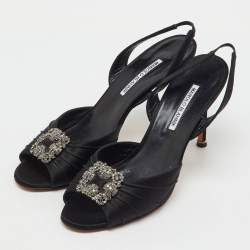 Pre Owned Manolo Blahnik Black Satin Cassia Peep Toe Slingback Sandals Size 40.5