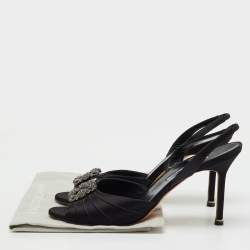 Pre Owned Manolo Blahnik Black Satin Cassia Peep Toe Slingback Sandals Size 40.5