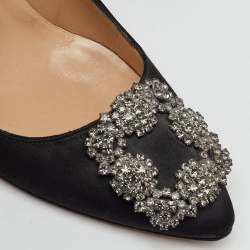 Pre Owned Manolo Blahnik Black Satin Hangisi Crystal Embellished Pumps Size 36.5