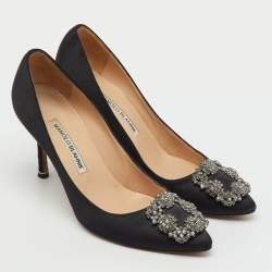 Pre Owned Manolo Blahnik Black Satin Hangisi Crystal Embellished Pumps Size 36.5