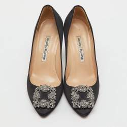 Pre Owned Manolo Blahnik Black Satin Hangisi Crystal Embellished Pumps Size 36.5