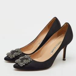 Pre Owned Manolo Blahnik Black Satin Hangisi Crystal Embellished Pumps Size 36.5