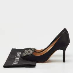 Pre Owned Manolo Blahnik Black Satin Hangisi Crystal Embellished Pumps Size 36.5