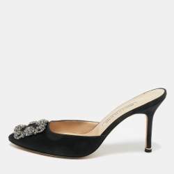 Pre Owned Manolo Blahnik Black Satin Hangisi Mules Sandals Size 38