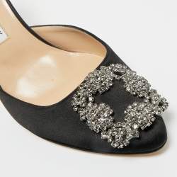 Pre Owned Manolo Blahnik Black Satin Hangisi Mules Sandals Size 38
