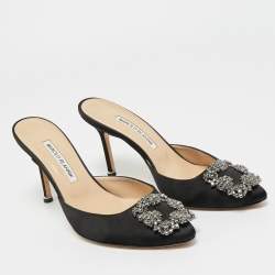 Pre Owned Manolo Blahnik Black Satin Hangisi Mules Sandals Size 38
