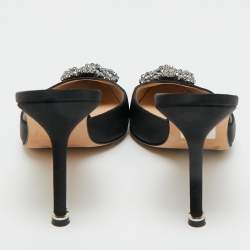 Pre Owned Manolo Blahnik Black Satin Hangisi Mules Sandals Size 38
