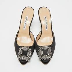 Pre Owned Manolo Blahnik Black Satin Hangisi Mules Sandals Size 38