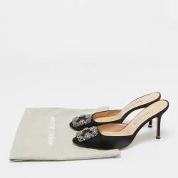 Pre Owned Manolo Blahnik Black Satin Hangisi Mules Sandals Size 38