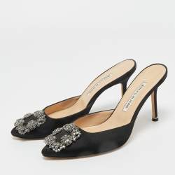 Pre Owned Manolo Blahnik Black Satin Hangisi Mules Sandals Size 38