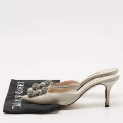 Pre Owned Manolo Blahnik Grey Satin Hangisi Mules Size 38.5