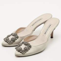 Pre Owned Manolo Blahnik Grey Satin Hangisi Mules Size 38.5