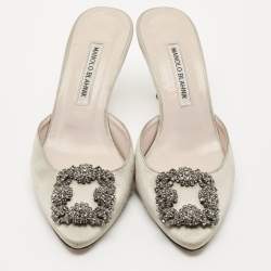 Pre Owned Manolo Blahnik Grey Satin Hangisi Mules Size 38.5