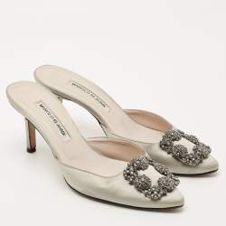 Pre Owned Manolo Blahnik Grey Satin Hangisi Mules Size 38.5