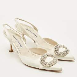 Pre Owned Manolo Blahnik Cream Satin Prietasli Slingback Sandals Size 38.5