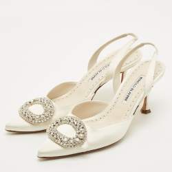 Pre Owned Manolo Blahnik Cream Satin Prietasli Slingback Sandals Size 38.5