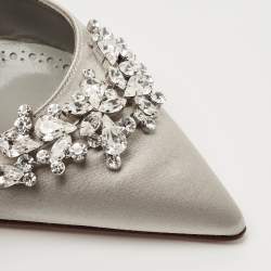 Pre Owned Manolo Blahnik Grey Satin Crystal Embellished Lurum Mules Size 36