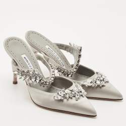 Pre Owned Manolo Blahnik Grey Satin Crystal Embellished Lurum Mules Size 36