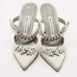 Pre Owned Manolo Blahnik Grey Satin Crystal Embellished Lurum Mules Size 36