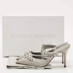 Pre Owned Manolo Blahnik Grey Satin Crystal Embellished Lurum Mules Size 36
