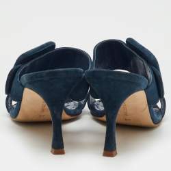 Pre Owned Manolo Blahnik Teal Blue Suede Gable Slide Sandals Size 38