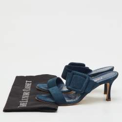Pre Owned Manolo Blahnik Teal Blue Suede Gable Slide Sandals Size 38