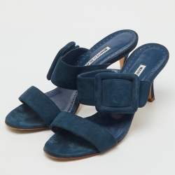 Pre Owned Manolo Blahnik Teal Blue Suede Gable Slide Sandals Size 38
