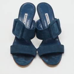 Pre Owned Manolo Blahnik Teal Blue Suede Gable Slide Sandals Size 38