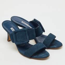 Pre Owned Manolo Blahnik Teal Blue Suede Gable Slide Sandals Size 38