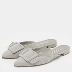 Pre Owned Manolo Blahnik Grey Suede Maysale Mules Size 38.5