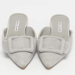Pre Owned Manolo Blahnik Grey Suede Maysale Mules Size 38.5