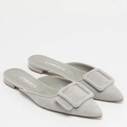 Pre Owned Manolo Blahnik Grey Suede Maysale Mules Size 38.5