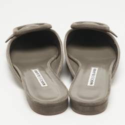 Pre Owned Manolo Blahnik Grey Suede Maysale Flat Mules Size 38.5