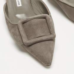 Pre Owned Manolo Blahnik Grey Suede Maysale Flat Mules Size 38.5