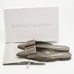 Pre Owned Manolo Blahnik Grey Suede Maysale Flat Mules Size 38.5