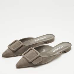 Pre Owned Manolo Blahnik Grey Suede Maysale Flat Mules Size 38.5