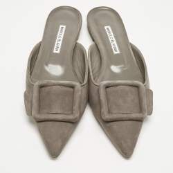 Pre Owned Manolo Blahnik Grey Suede Maysale Flat Mules Size 38.5